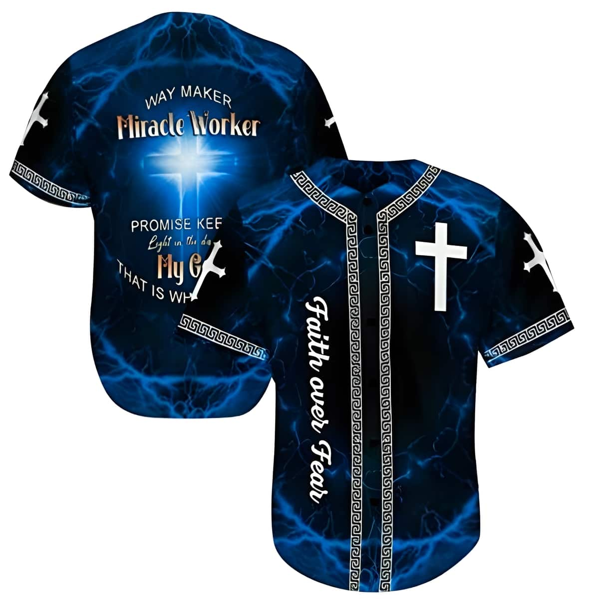 Thunder Christian Cross Baseball Jersey Way Maker Miracle Worker Faith Over Fear