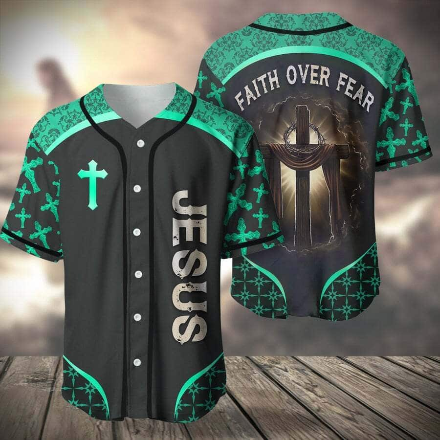 Teal Baseball Jersey Faith Over Fear Christian Faith Gift For Believers