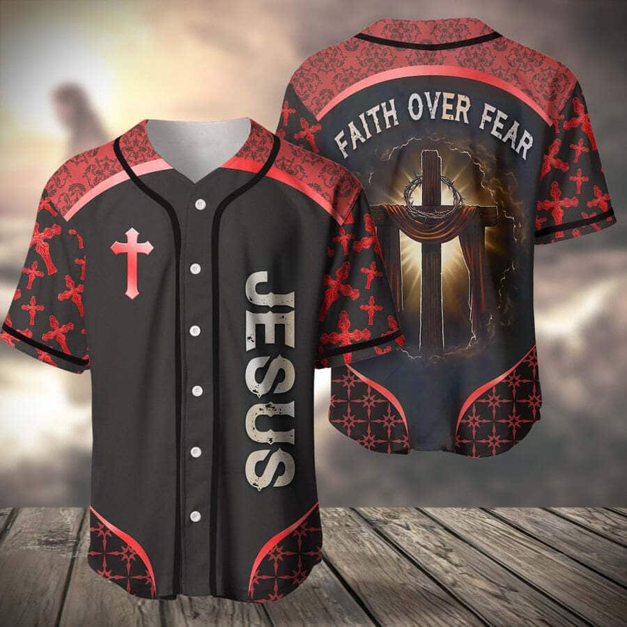 Red Baseball Jersey Faith Over Fear Christian Faith Gift For Believers