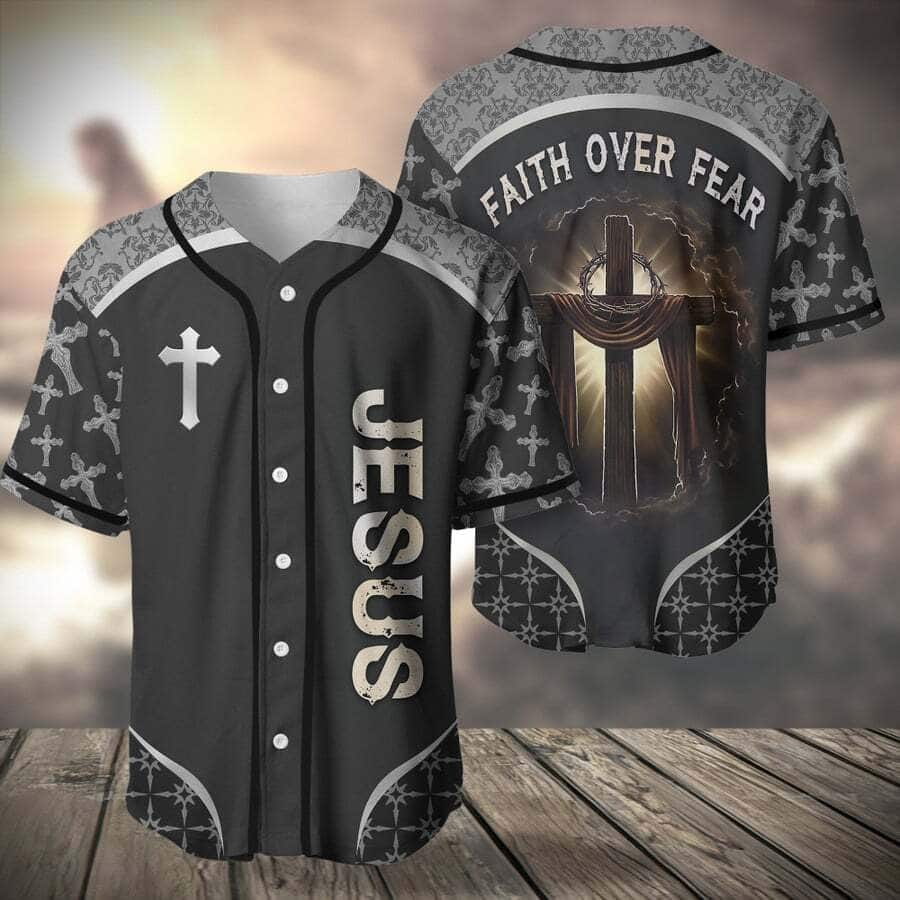 Grey Baseball Jersey Faith Over Fear Christian Faith Gift For Believers