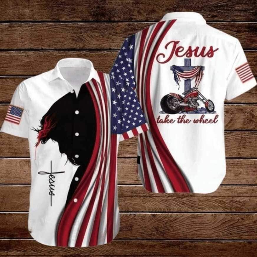 Cross Jesus Bible America Flag 4th Of July Biker Jesus Take The Wheel Christian Hawaiian Shirt