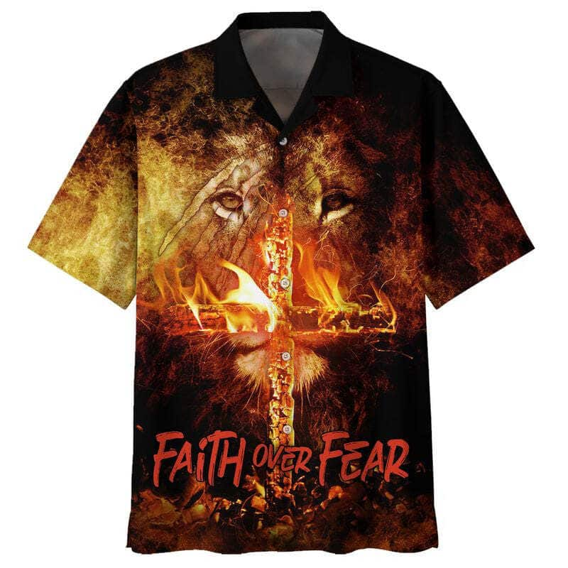 Faith Over Fear Lion Cross Christian Hawaiian Shirt