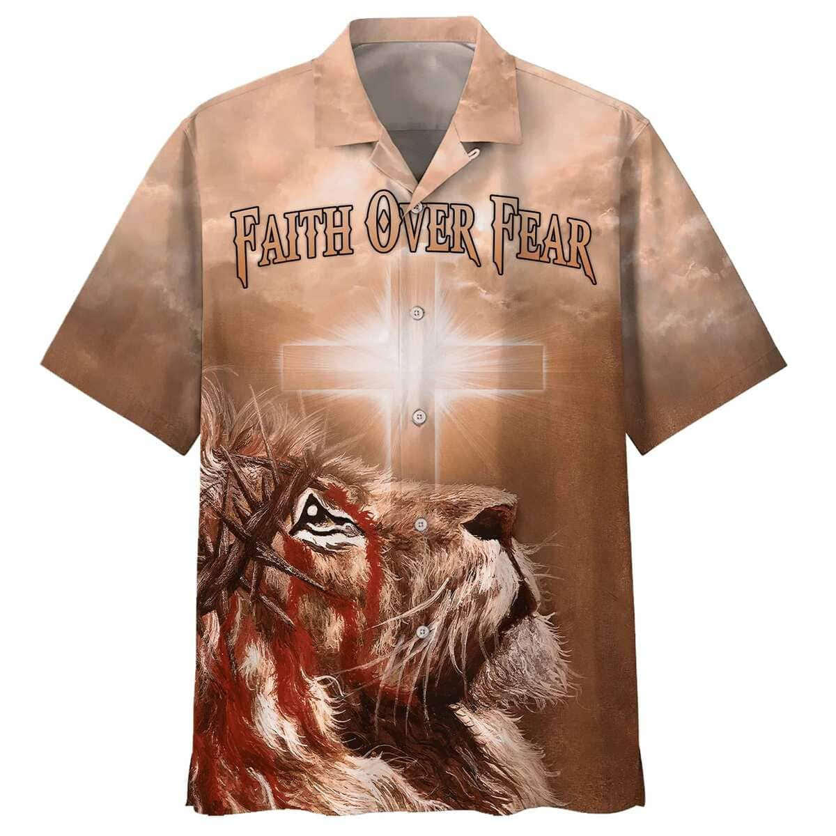 Jesus Lion Cross Flag Faith Over Fear Christian Faith Hawaiian Shirt