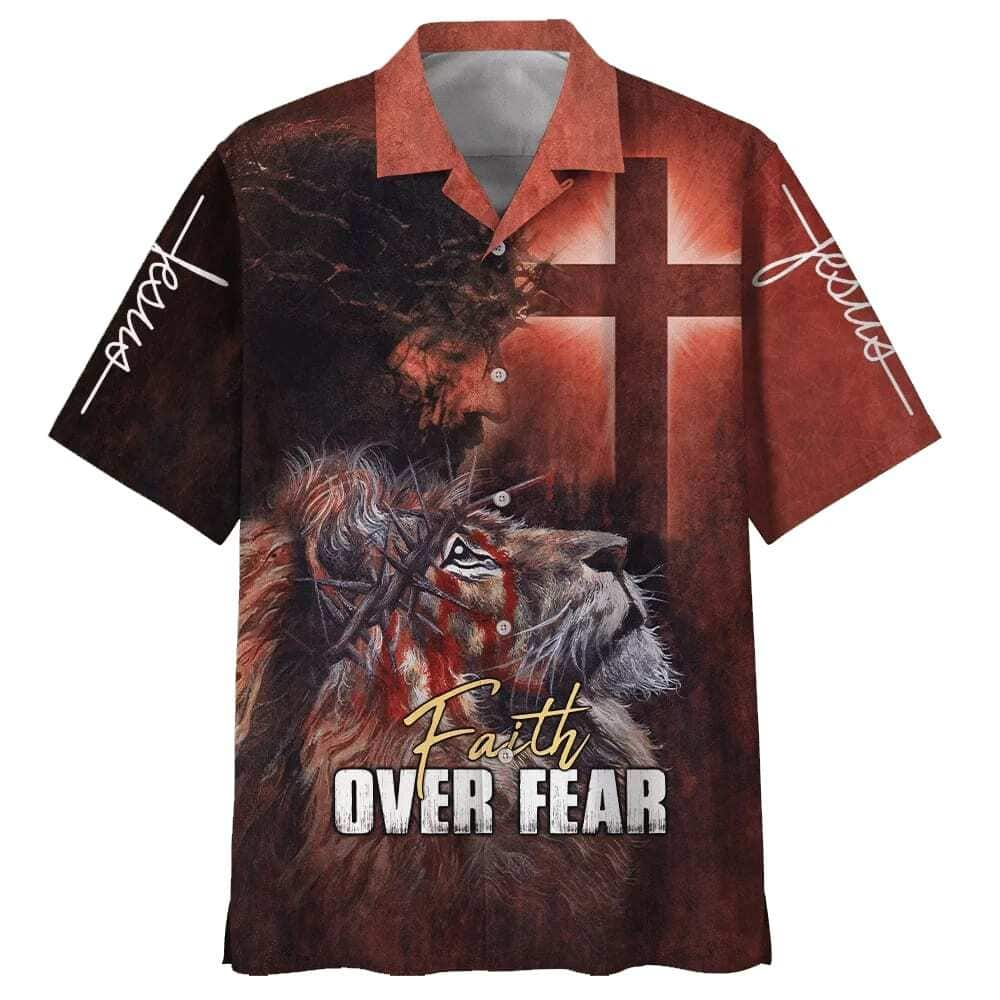 Jesus Faith Over Fear Lion Cross Christian Faith US Flag Hawaiian Shirt