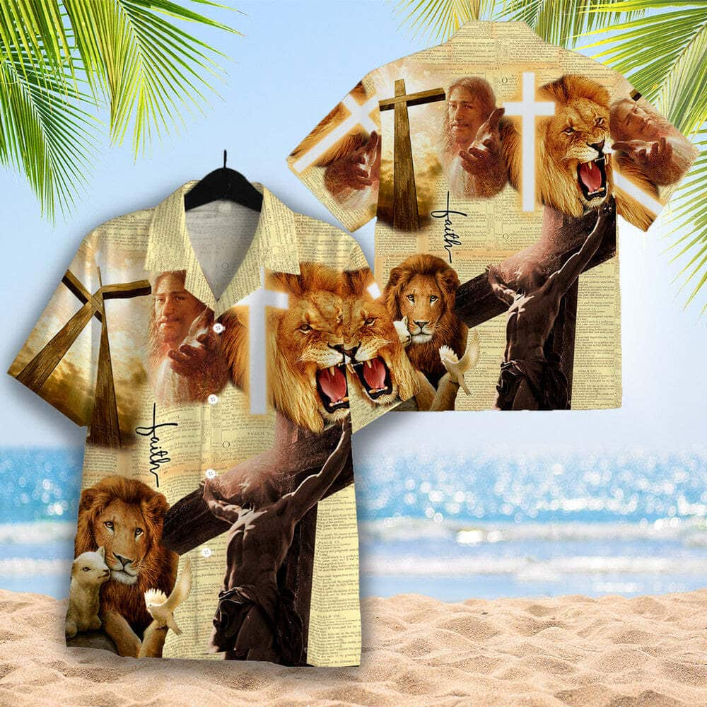 Faith Lion Lamb Jesus Christian Cross Hawaiian Shirt