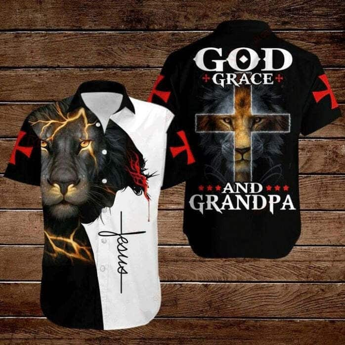 Cross Jesus Bible Lion God Grace And Grandpa Christian Hawaiian Shirt