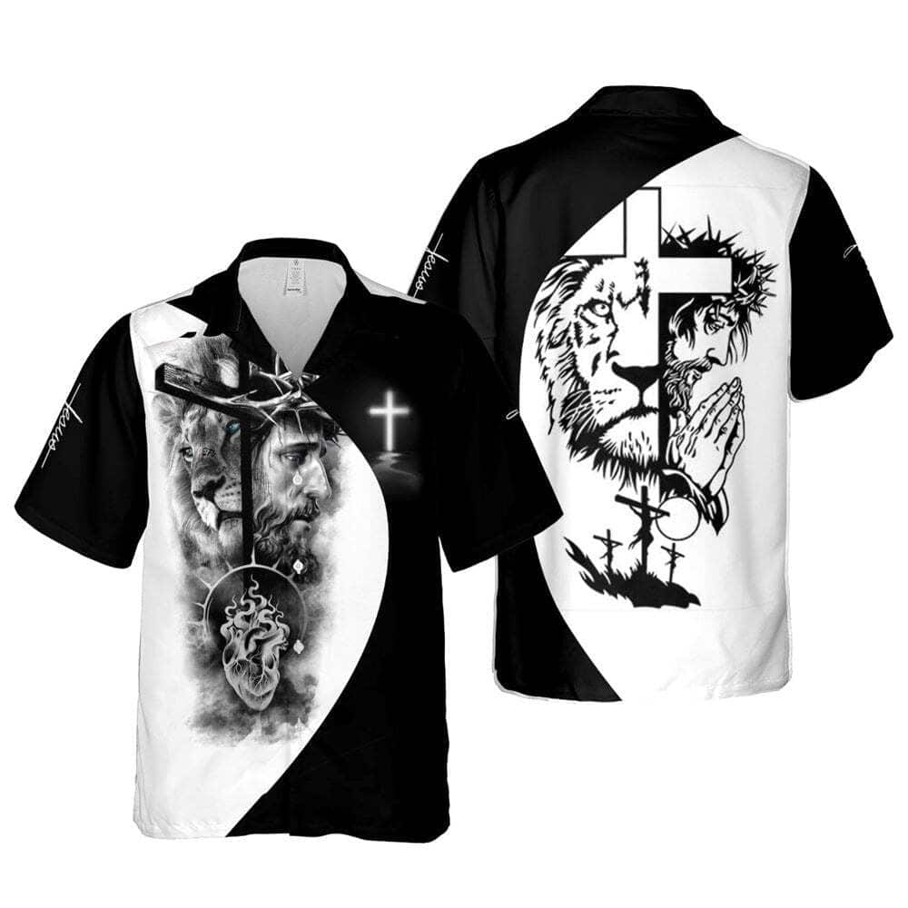 Jesus Cross Lion Religious Christian Faith Black And White Hawaiian Shirt