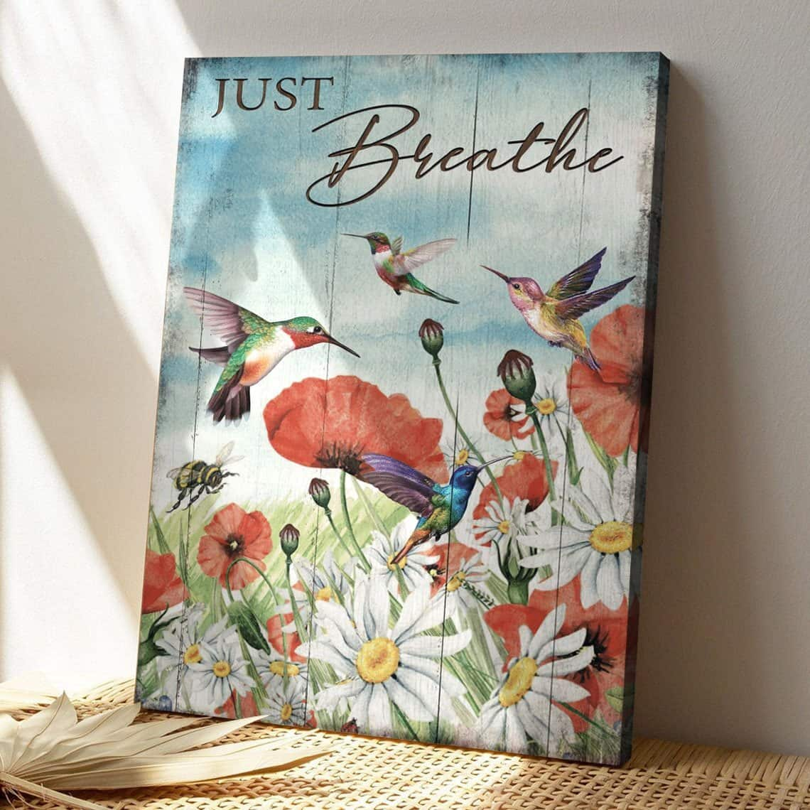 Christian Hummingbird And Flower Field Just Breathe Bible Verse Canvas Print