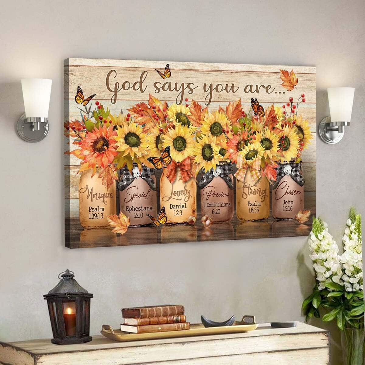 Bible Verse Autumn Sunflower God Says You Are Scripture Canvas Wall Art