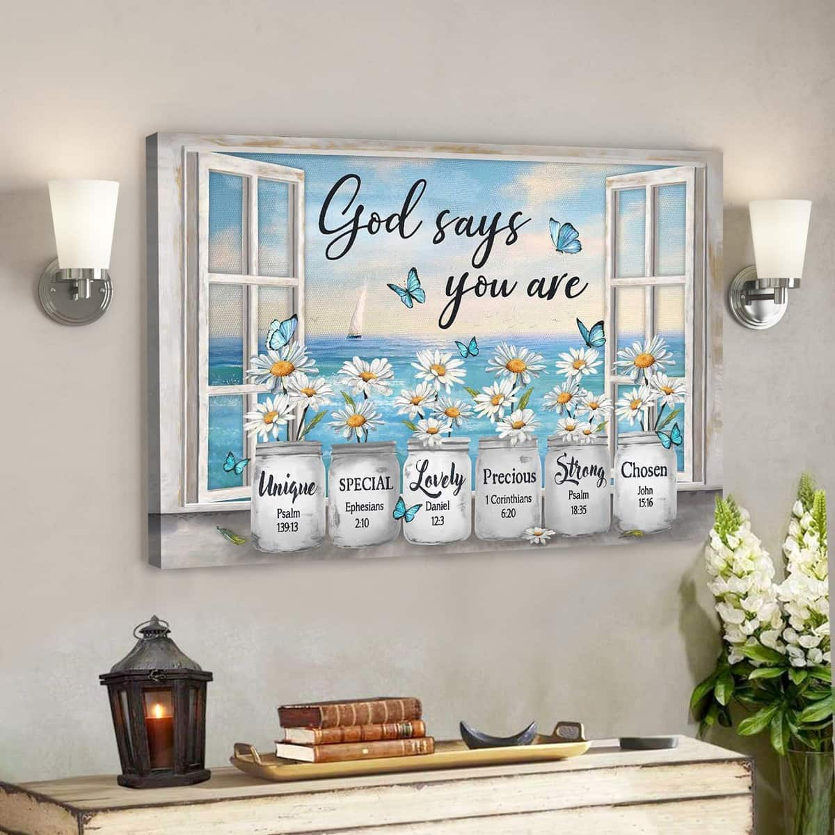 Bible Verse Daisy Flower By The Window God Says You Are Canvas Wall Art