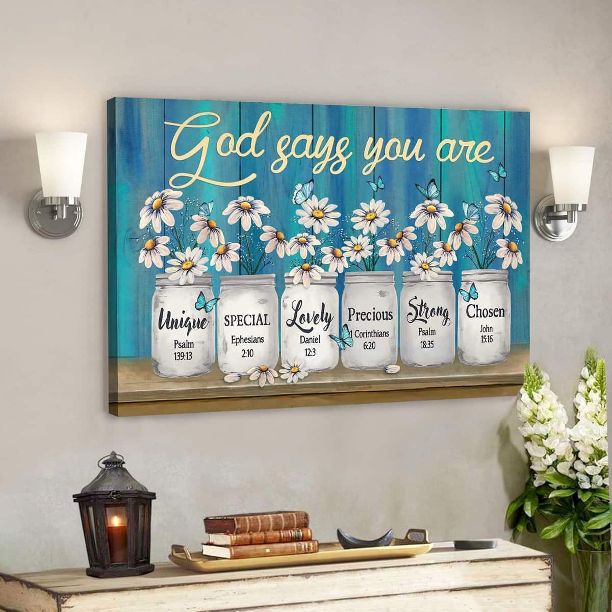 Bible Verse Daisy Jar On Blue Background God Says You Are Canvas Wall Art