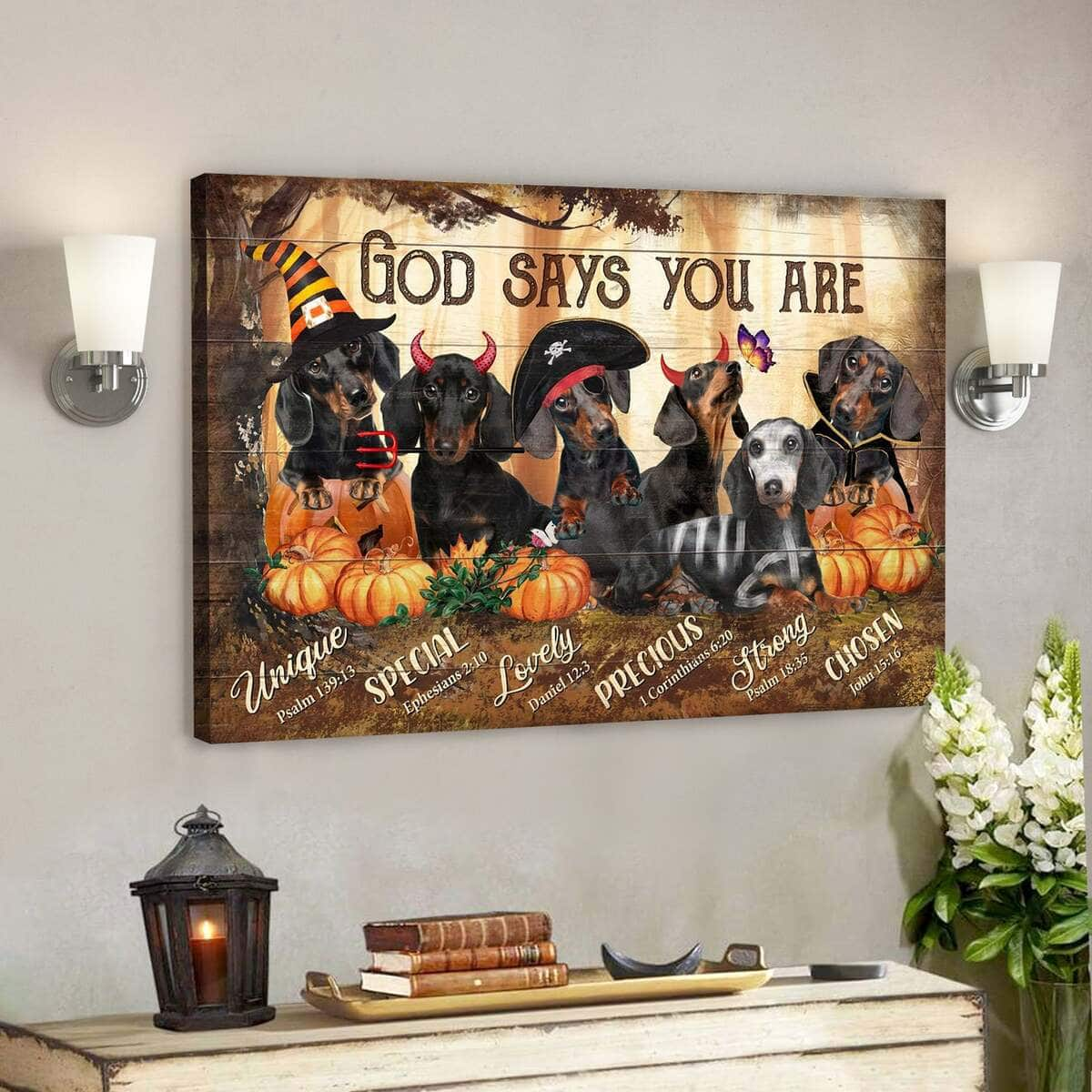 God Says You Are Dachshunds In Halloween Costumes Bible Verse Canvas Wall Art