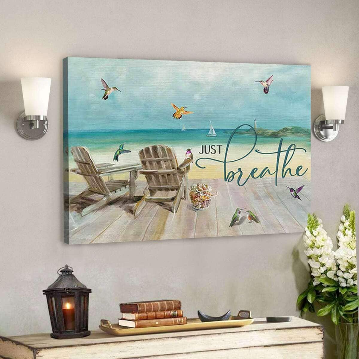 Beachhouse And Hummingbird Just Breathe Bible Verse Scripture Canvas Wall Art