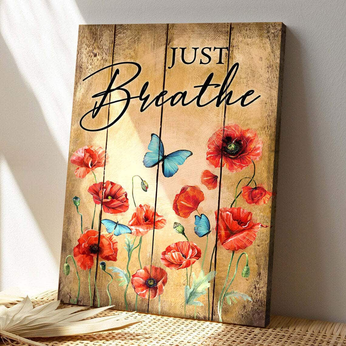 Red Poppy Just Breathe Bible Verse Scripture Canvas Print