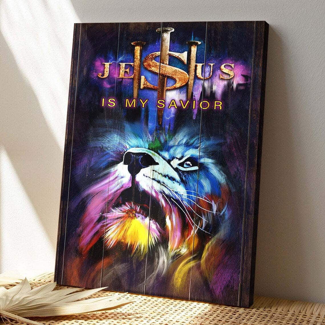 Garish Lion Jesus Is My Savior Jesus Bible Verse Scripture Canvas Print