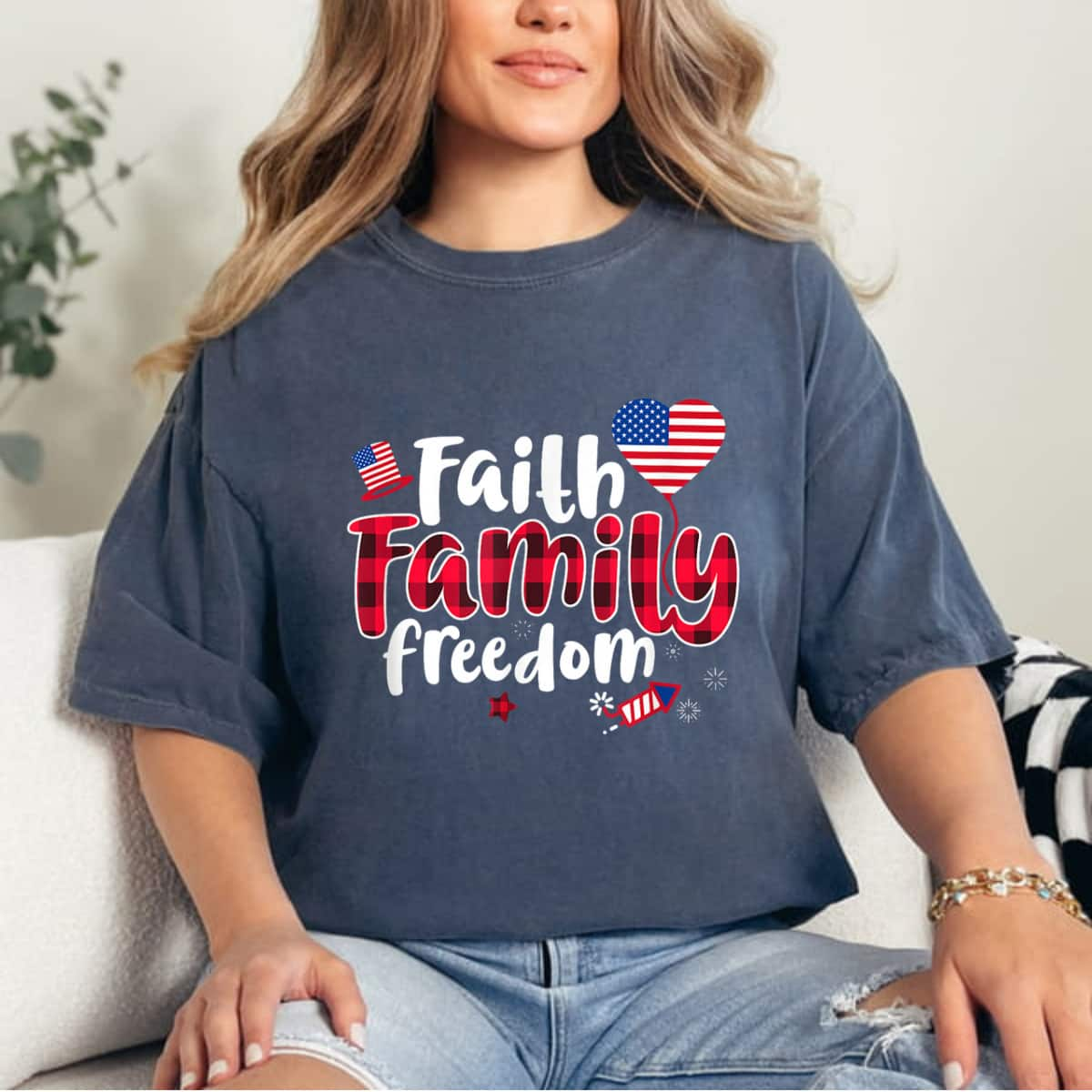 Faith Family Freedom 4th Of July Buffalo Plaid Gift July 4th T-Shirt