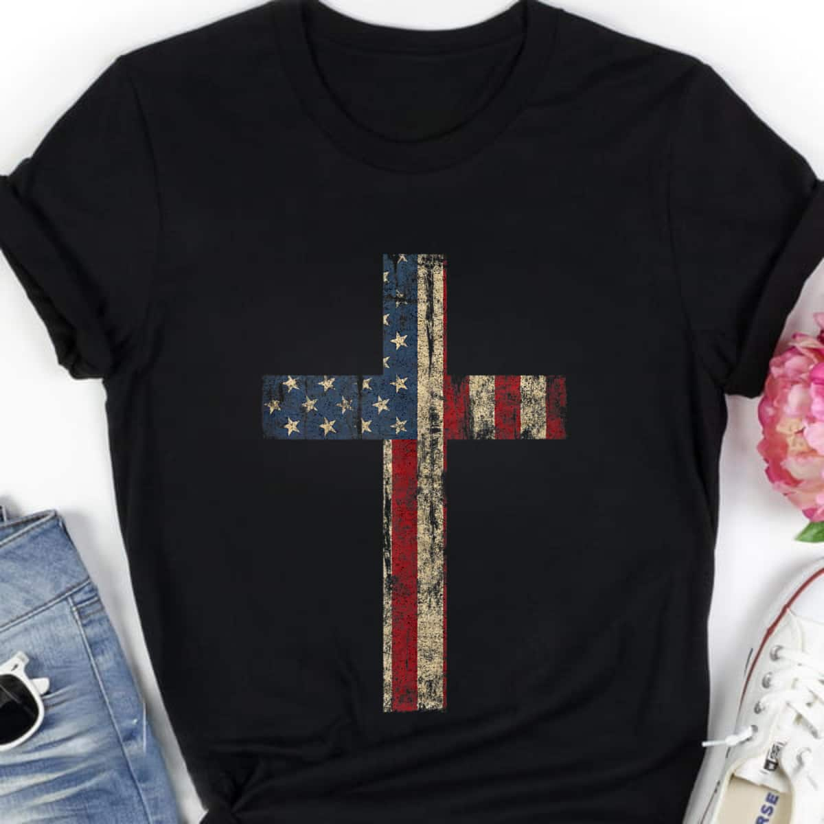 Patriotic Cross American Flag Faith US Independence Day T-Shirt