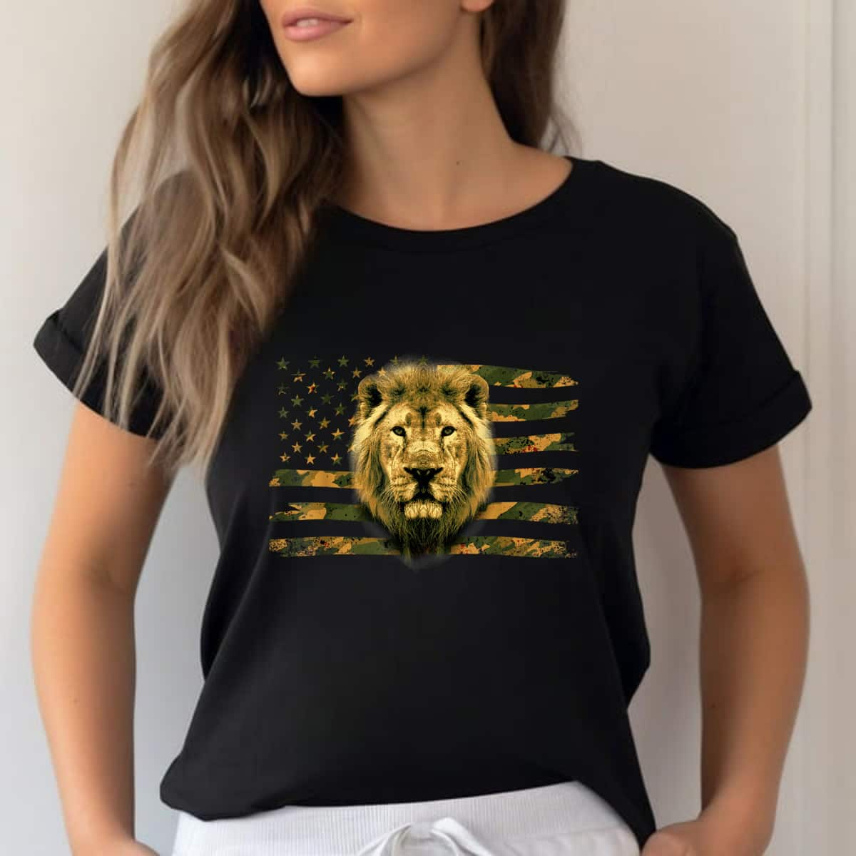 Patriotic American Flag Lion Camo Military Soldier Christian 4th Of July T-Shirt