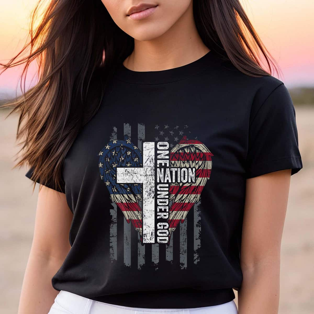 ONE NATION UNDER GOD Christian USA Wings Flag T-Shirt