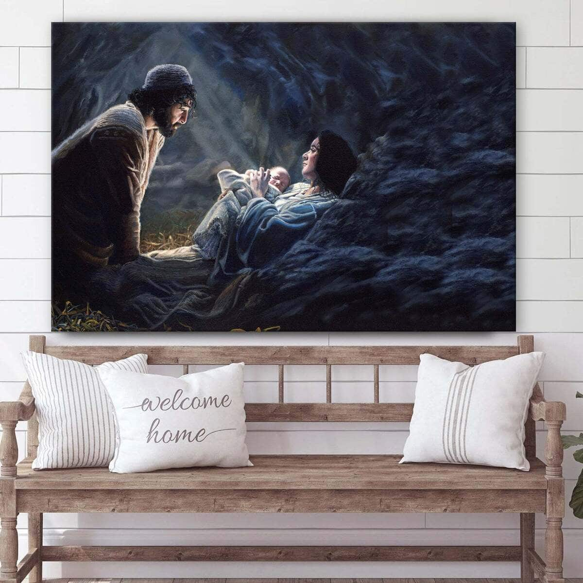 Joseph Kneeling At The Feet Of Mary And Newborn Baby Christ Art Jesus Christian Canvas Wall Art