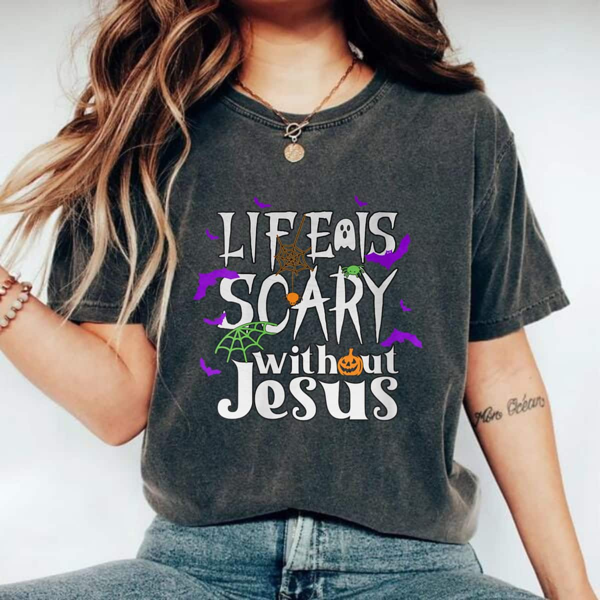 Womens Life Is Scary Without Jesus Christian Halloween Costume T-Shirt