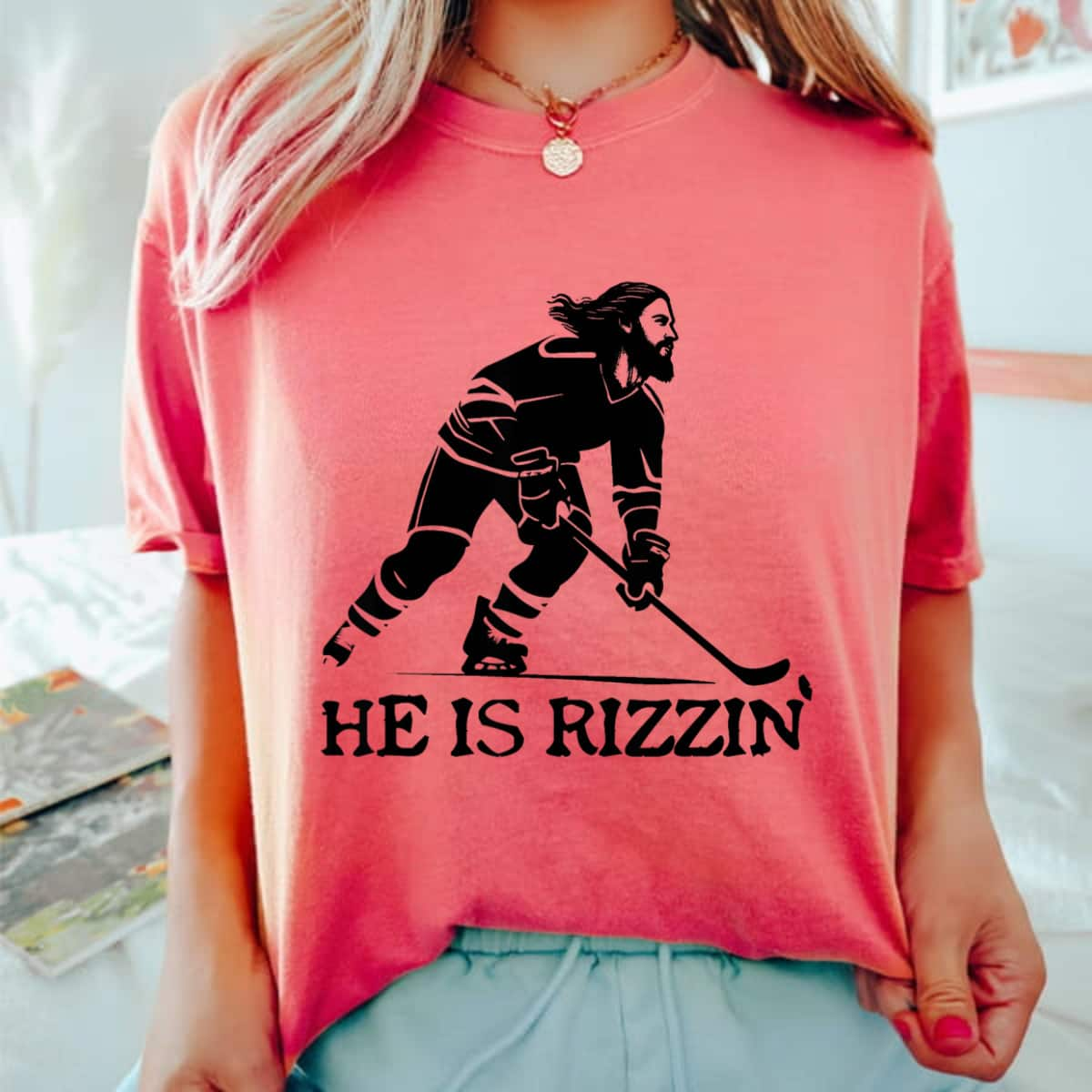 He Is Rizzin' Jesus Hockey Player Stick Christian Religious Funny Gift T-Shirt