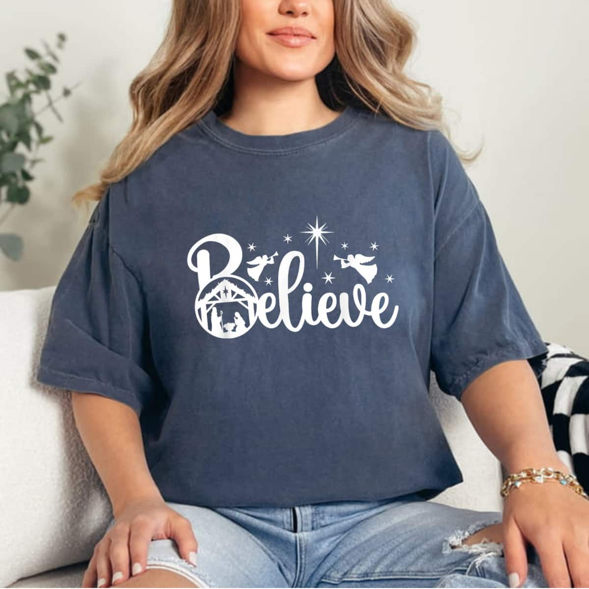 Believe Word Manger Religious Christmas Nativity T-Shirt