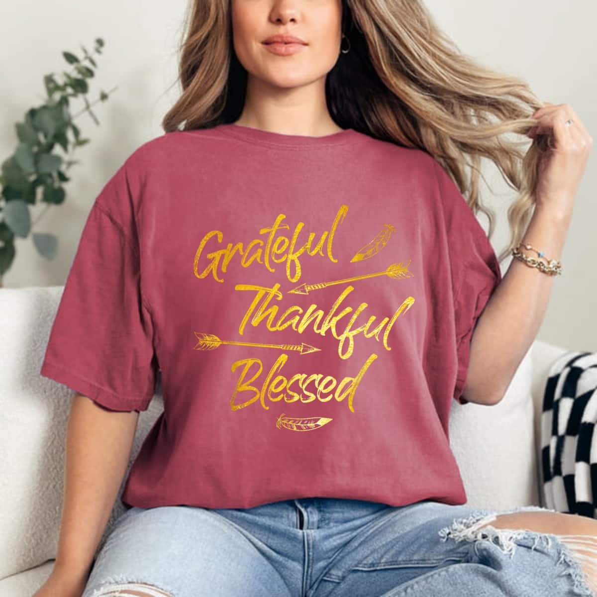 Grateful Thankful Blessed Gold Thanksgiving Day Gift T-Shirt