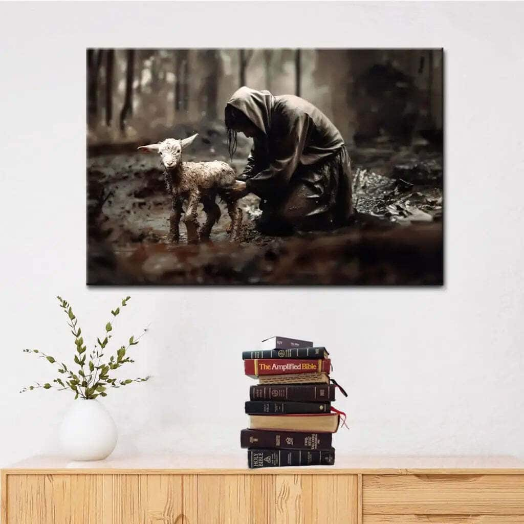 Jesus Rescues Lost Lamb Christian Religious Canvas Wall Art Gift For Believers