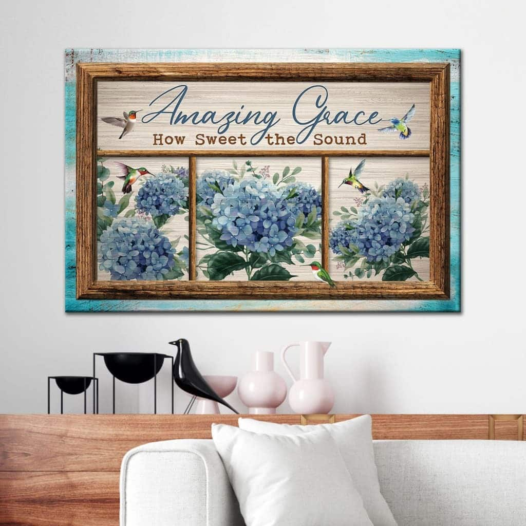 Christian Amazing Grace How Sweet The Sound Hummingbird Hydrangea Canvas Wall Art