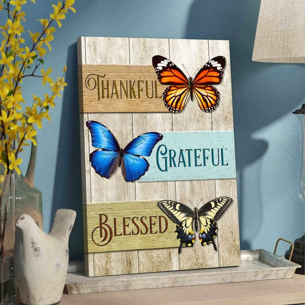 Thankful Grateful Blessed Butterflies Canvas Wall Art