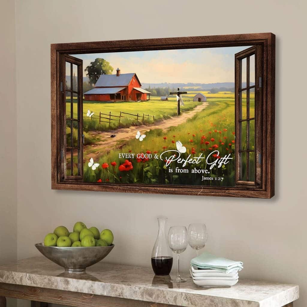 James 1:17 Every Good And Perfect Gift Is From Above Red Barn In Field Canvas Wall Art