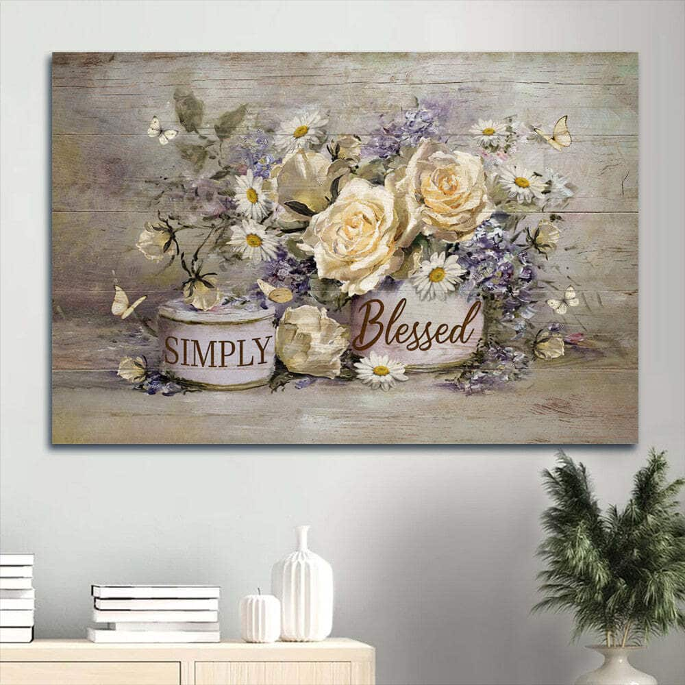 Christian Vintage Flower Simply Blessed Canvas Wall Art