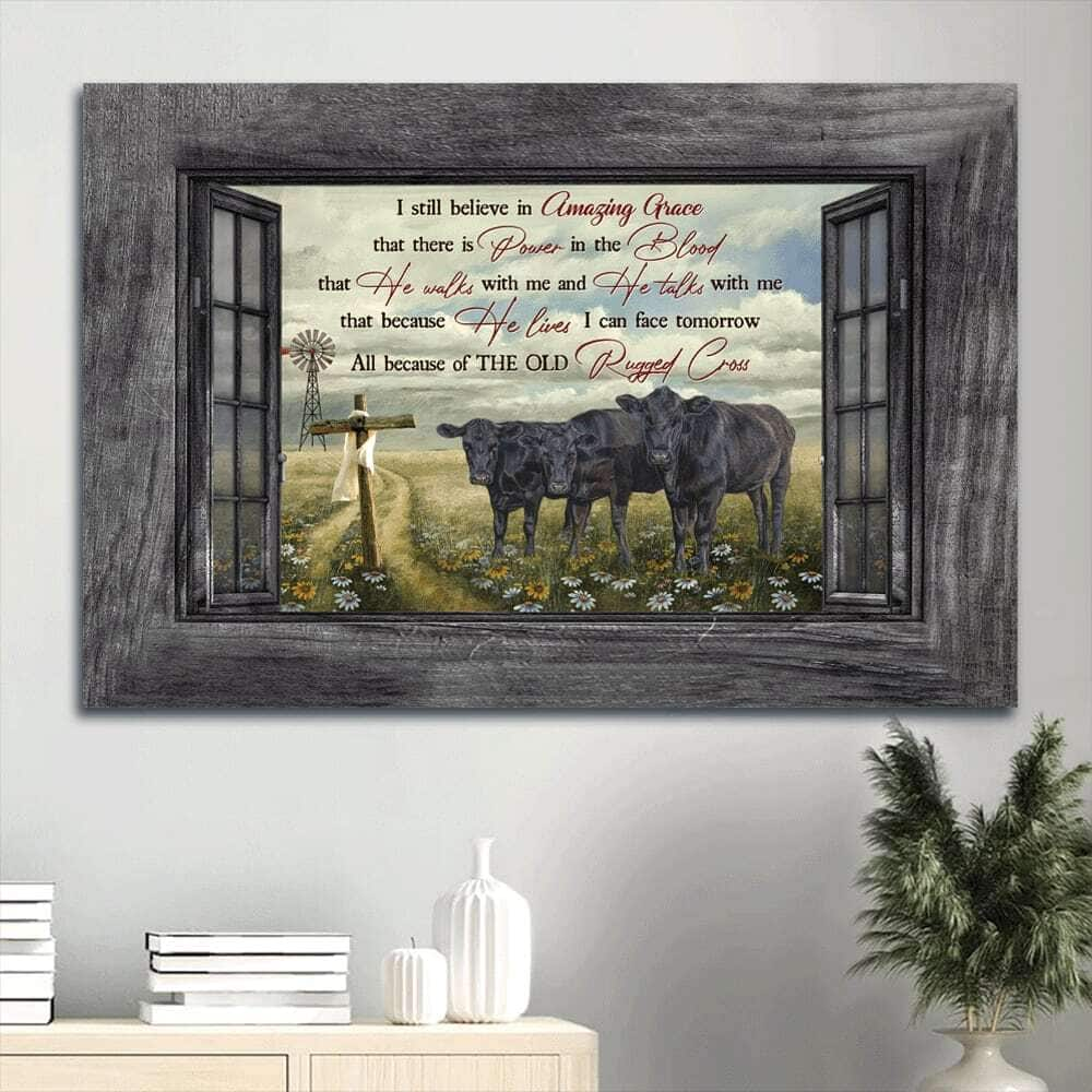 Black Cow Green Meadow Land Daisy Field I Still Believe In Amazing Grace Canvas Wall Art