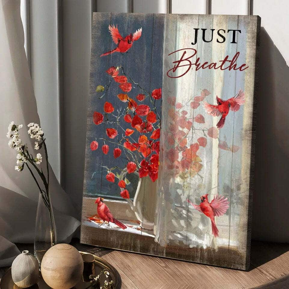 Red Cardinal Red Leaves Just Breathe Canvas Print