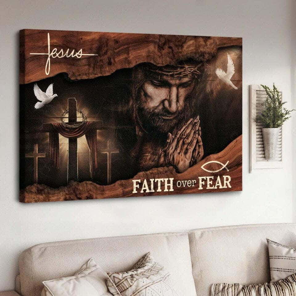 Christian Jesus Praying Hands Faith Over Fear Canvas Wall Art