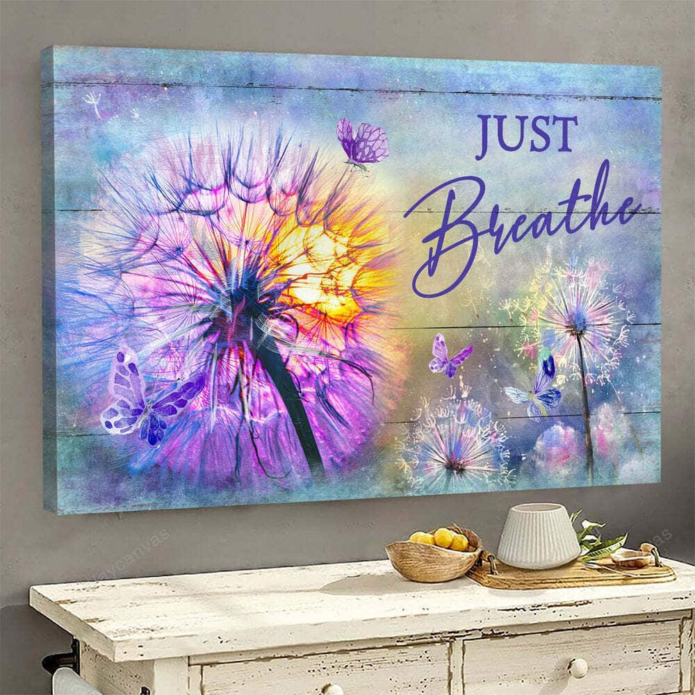 Christian Canvas Wall Art Dandelion Purple Butterfly Just Breathe