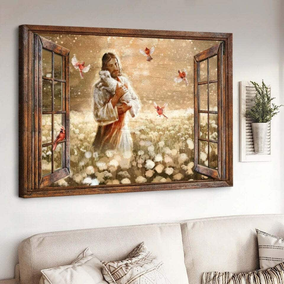 Christian Canvas Wall Art Dandelion Field Jesus Holding Lamb Cardinal