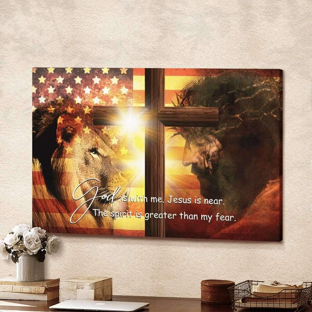 Christian Jesus Lion King Cross God Is With Me Canvas Wall Art