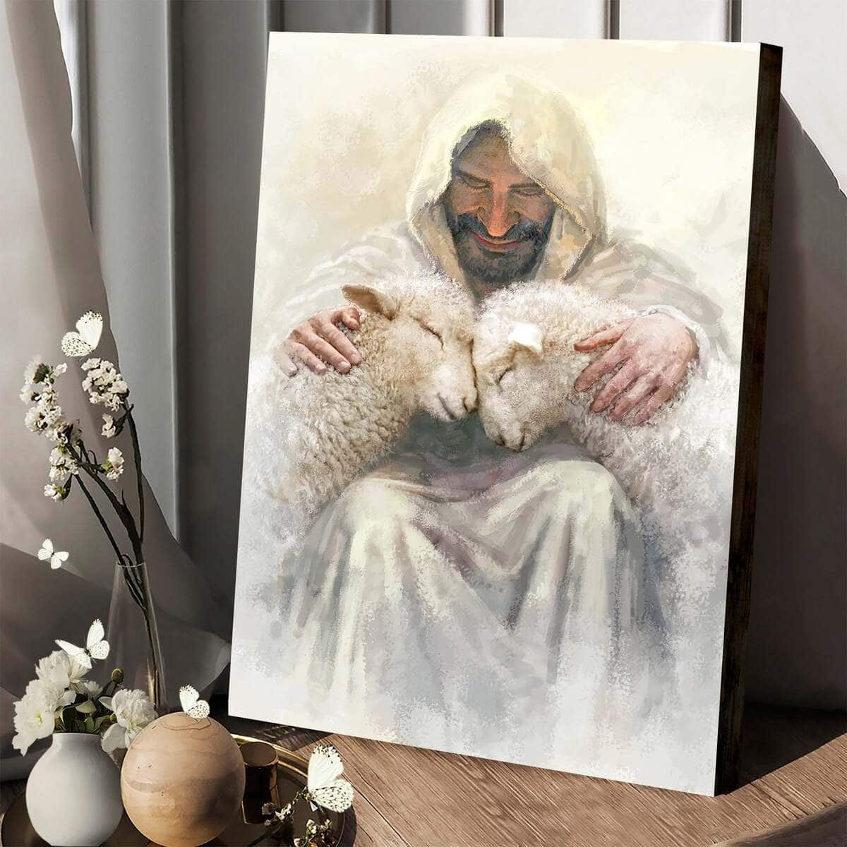 Christian Canvas Print Jesus Holding Two Sheep